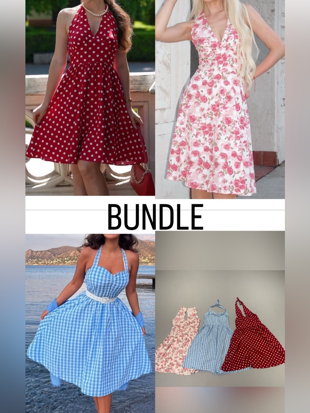 Bundle 3 retro dresses Red blue pink floral polka dot halter midi